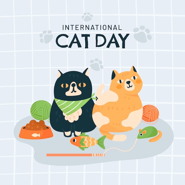 Vetor dia internacional do gato ilustração plana desenhada à mão