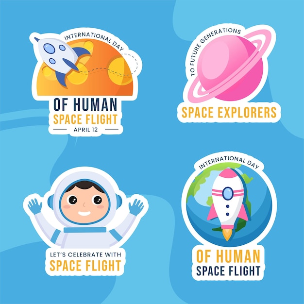 Dia internacional do voo espacial humano rótulo plano desenho à mão modelos desenhados à mão ilustração de fundo