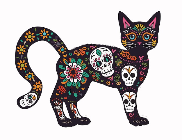 Dia mexicano dos mortos desenho de gato colorido