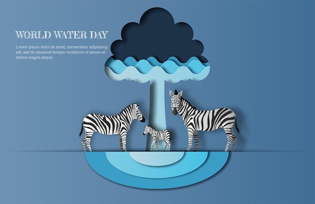 Dia mundial da água, economize água, uma família de zebra com árvore e ícone de onda de água, ilustração de papel.