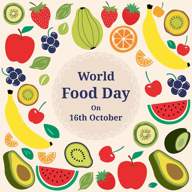 Dia Mundial da Alimentação em 16 de outubro Design de fundo Várias ilustrações coloridas de frutas Design vetorial