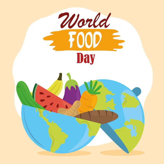 Dia mundial da alimentação, planeta cheio de frutas e legumes e pão, estilo de vida saudável.