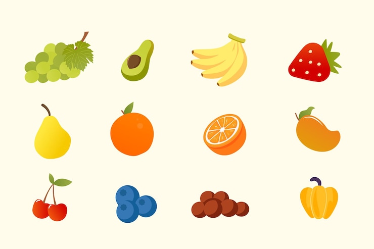 Vetor dia mundial da alimentação, um monte de frutas saudáveis com folhas vegetais, maçãs, bananas, laranjas, pêra