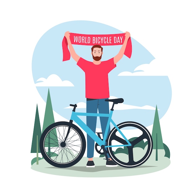 Dia mundial da bicicleta ilustração plana desenhada à mão