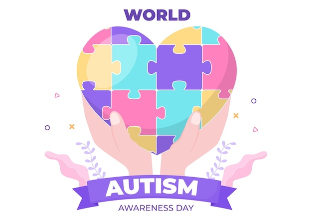 Dia Mundial da Conscientização do Autismo com uma mão de peças do quebra-cabeça adequadas para cartão de felicitações, pôster ou banner em ilustrações de design plano