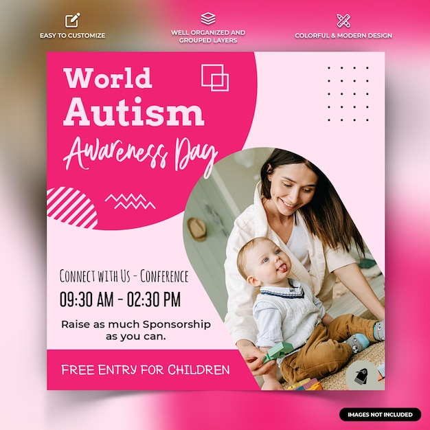 Vetor dia mundial da conscientização do autismo instagram mídia social post modelo de banner da web vetor premium