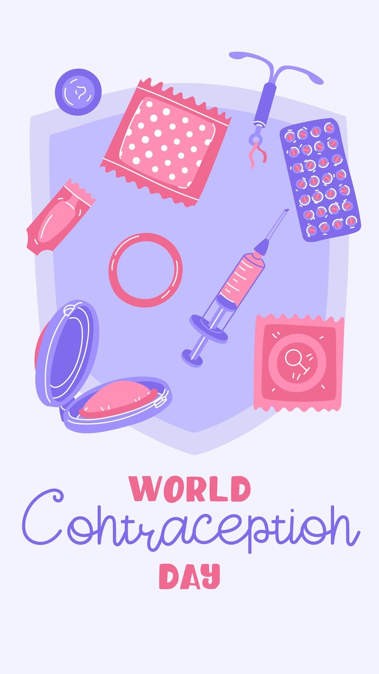 Vetor dia mundial da contracepção setembro vários contraceptivos para sexo seguro adesivo preservativo pílulas de injeção