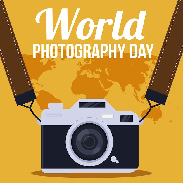 dia mundial da fotografia com mapa do mundo e ilustração de câmera vintage Free Vector e Free SVG
