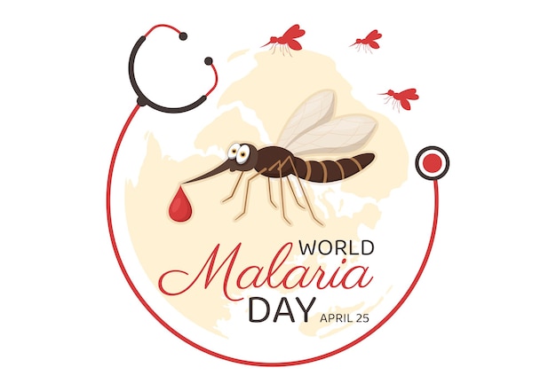 Vetor dia mundial da malária em 25 de abril ilustração com a terra protegida de mosquitos na mão desenhada