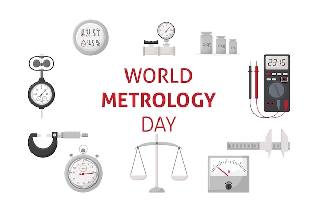 Vetor dia mundial da metrologia 20 de maio bandeira com instrumentos de medição modelo para fundo