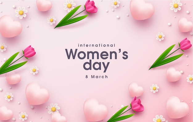 Dia mundial da mulher com ilustração realista de flores e balões de amor