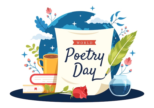 Dia mundial da poesia em 21 de março ilustração com uma pena ou máquina de escrever para web banner ou landing page