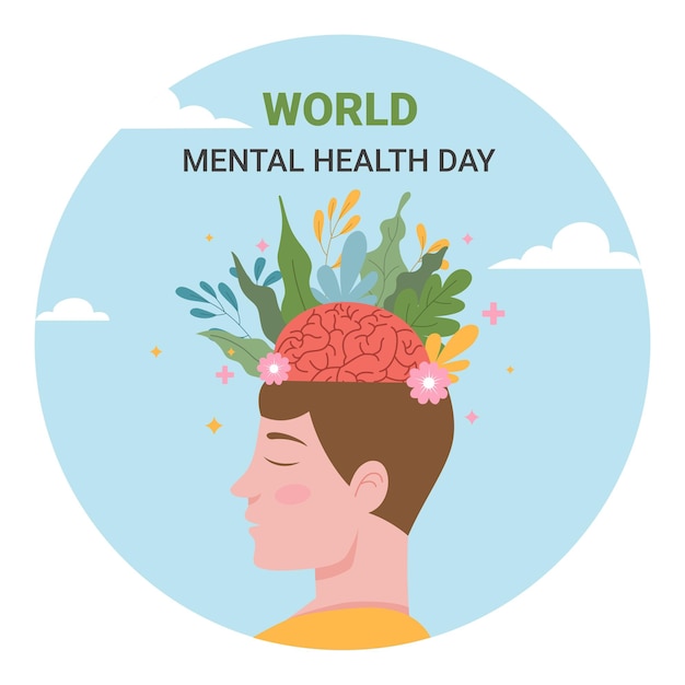 Dia Mundial da Saúde Mental Fundo conceito de design cabeça e cérebro ilustração