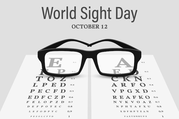 Dia mundial da visão, 12 de outubro óculos no fundo de um gráfico de snellen