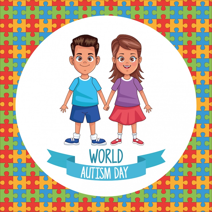 Vetor dia mundial do autismo crianças casal com peças de quebra-cabeça vector design ilustração