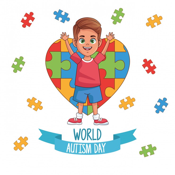 Vetor dia mundial do autismo menino com quebra-cabeça coração vector design ilustração