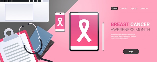 dia mundial do câncer rosa fita ícone consciência doença prevenção conceito médico local de trabalho desktop com material de escritório vista superior ângulo vista cópia espaço ilustração horizontal