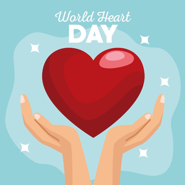 Vetor dia mundial do coração com as mãos protegendo o coração em fundo azul.