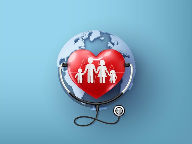 Dia mundial do coração e ilustração de cuidados de saúde. Conceito de dia de consciência médica, estilo de corte de papel.