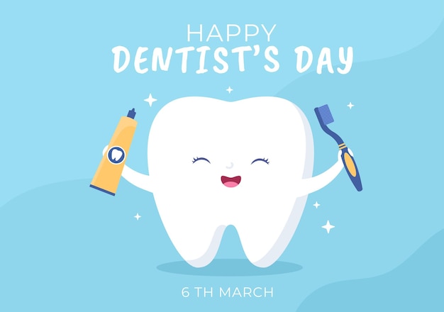 Dia Mundial do Dentista com Dente e Escova de Dentes para Prevenir Cáries e Cuidados de Saúde em Ilustração de Fundo Plano de Desenhos Animados Adequado para Cartaz ou Banner
