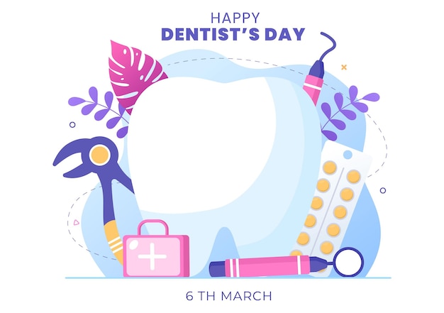 Dia mundial do dentista com dente e odontologia para prevenir cáries e saúde em ilustração de fundo plano de desenhos animados adequado para cartaz ou banner