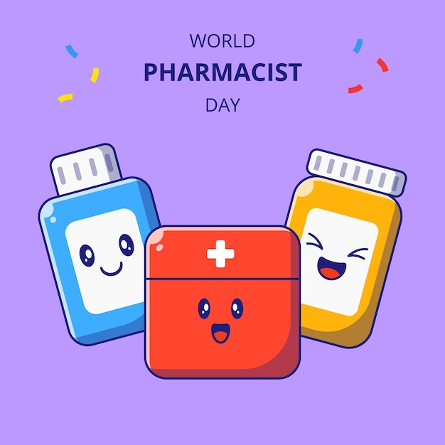 Dia mundial do farmacêutico fofo primeiros socorros caixa e medicamentos garrafa personagens de desenhos animados conjunto de mascote de drogas.