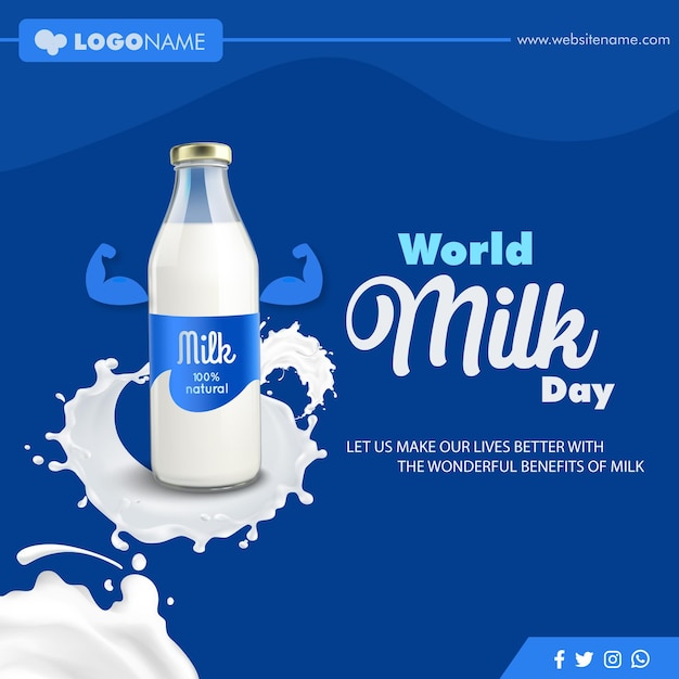 Vetor dia mundial do leite ou feliz dia do leite com modelo de dia de leite de mídia social realista garrafa de leite