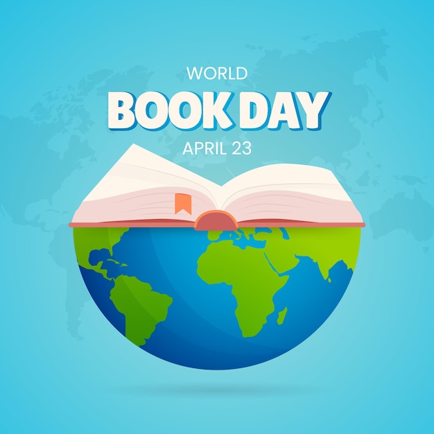 Dia mundial do livro, 23 de abril, com livro aberto e ilustração do globo