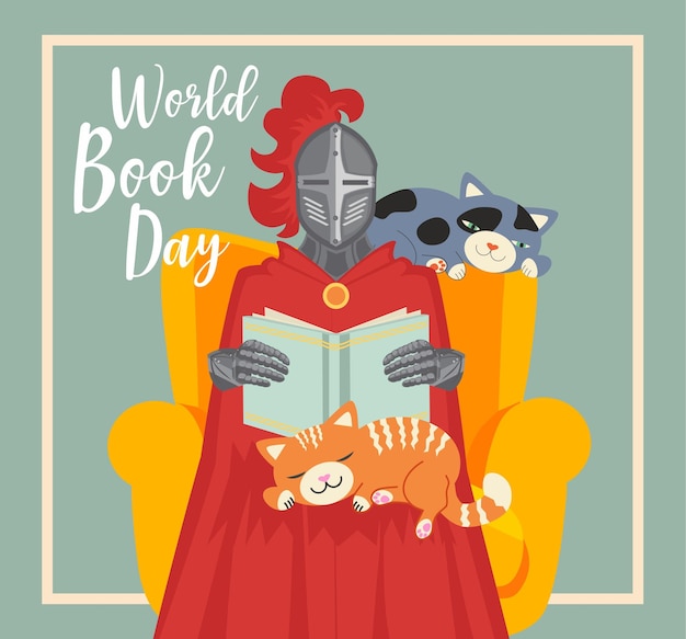 Vetor dia mundial do livro cavaleiro são jorge e gatos com fundo de livro bandeira de mídia social