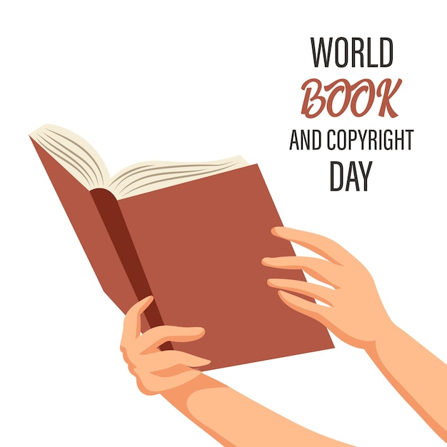 Vetor dia mundial do livro e dos direitos autorais. mãos com um livro. banner, pôster, ilustração, vetor