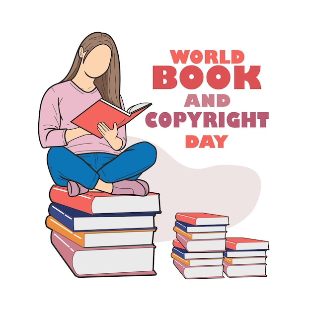 Vetor dia mundial do livro e dos direitos autorais uma menina lendo um livro