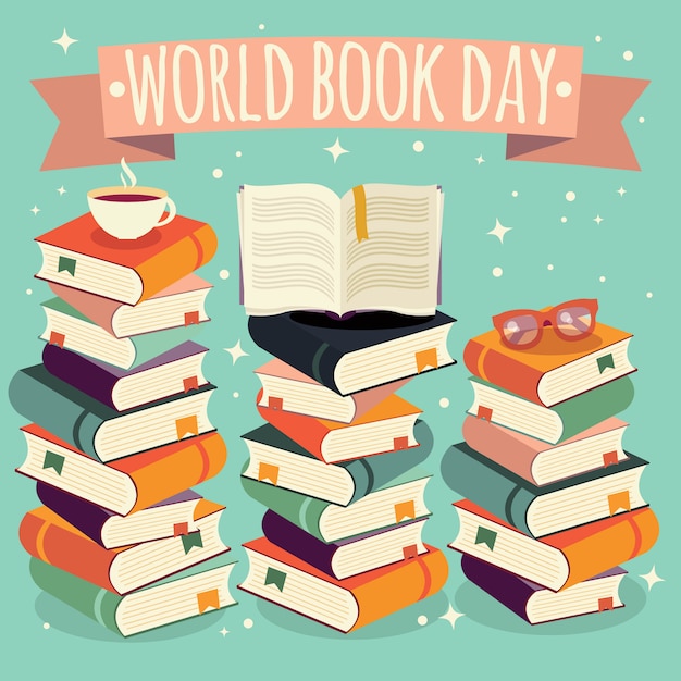 Dia Mundial do livro, livro aberto na pilha de livros com óculos no fundo de hortelã