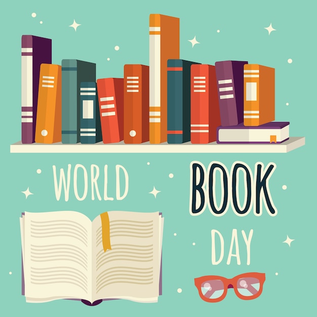 Dia Mundial do livro, livros na prateleira e livro aberto com óculos