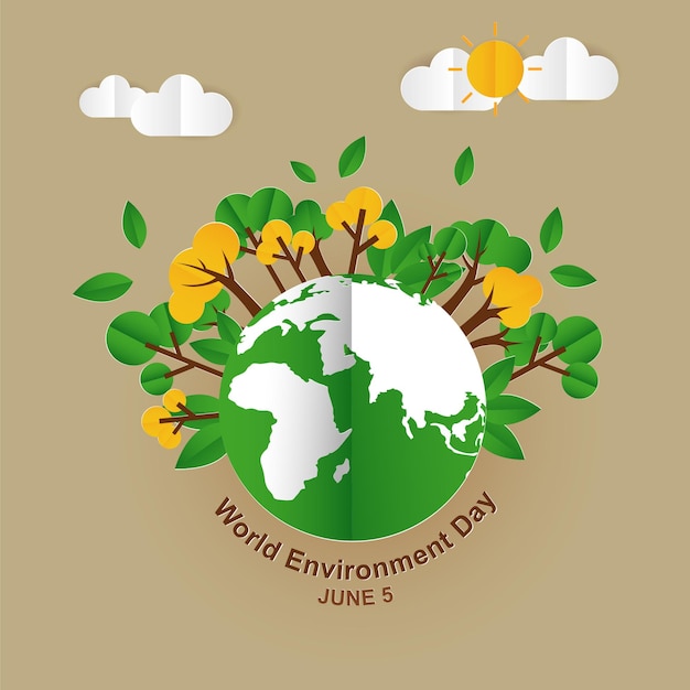 Dia mundial do meio ambiente com ilustração verde eco earthVector em estilo de corte de papel