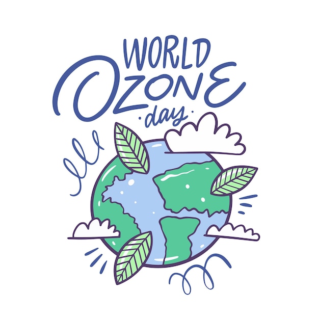 Vetor dia mundial do ozônio frase de feriado desenhada à mão com letras coloridas em estilo de desenho animado