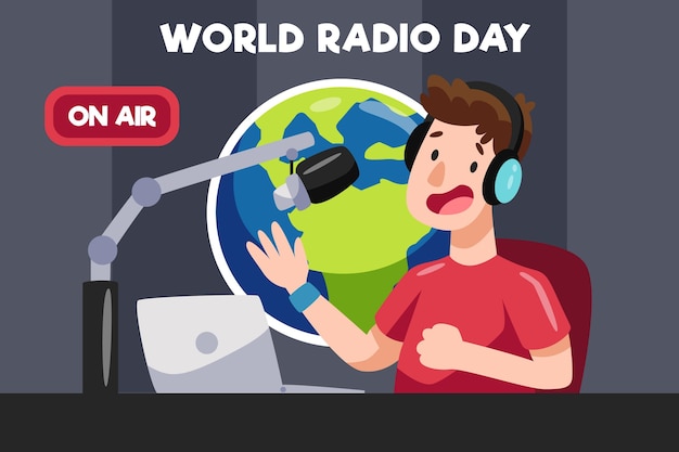 Dia mundial do rádio desenhado à mão plana com o homem