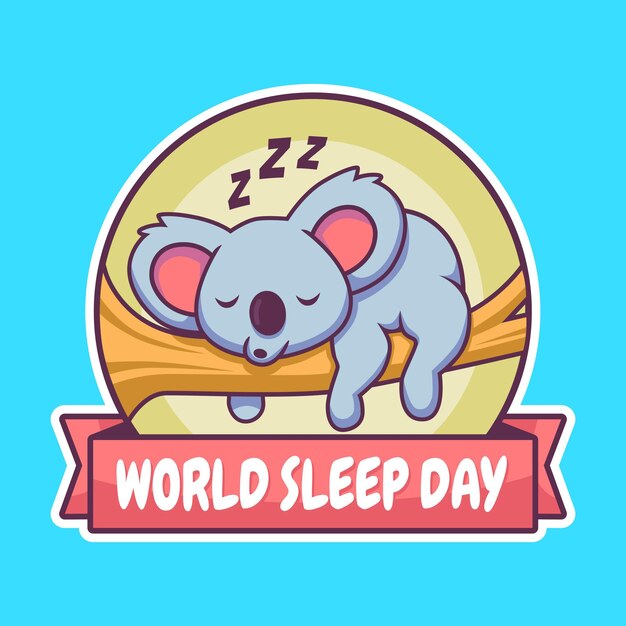Vetor dia mundial do sono com desenho de coala adormecido em uma árvore