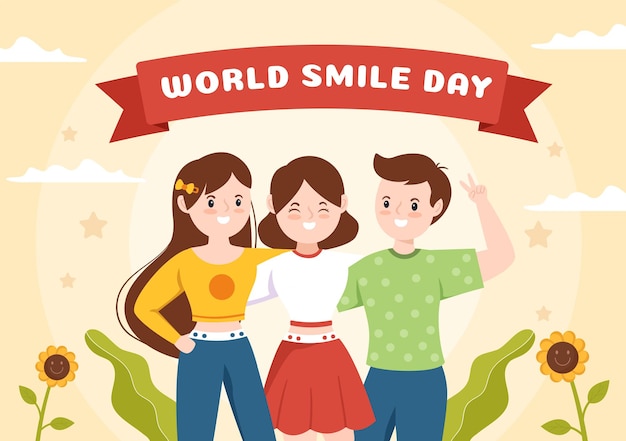 Dia mundial do sorriso ilustração dos desenhos animados desenhados à mão com expressão sorridente e rosto de felicidade