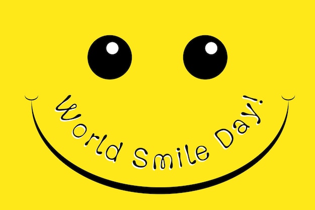 Dia mundial do sorriso rosto grande e sorridente com letras pretas abaixo fundo amarelo com espaço de cópia