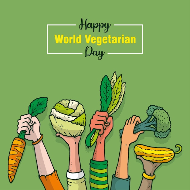 Dia mundial do vegetariano com as mãos segurando a ilustração de legumes