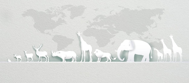 Dia Mundial dos Animais com veado de mapa-múndi, elefante, leão, girafa, coelho, rinoceronte em arte em papel, corte de papel e estilo de artesanato de origami. Dia mundial da vida selvagem animal de ilustração em textura de papel.