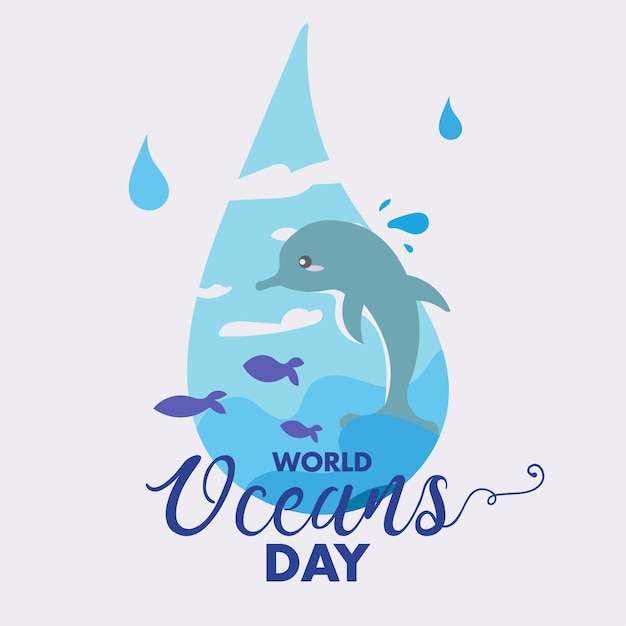 Dia mundial dos oceanos, 8 de junho, mar marinho submarino, golfinho, cartaz, vetor, design, banner, fundo