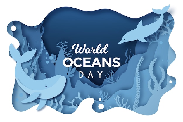 Dia mundial dos oceanos em estilo de jornal com golfinhos e baleias