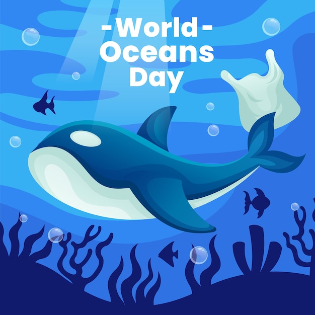 Dia mundial dos oceanos mar marinho subaquático baleia azul peixe desenho de cartaz design