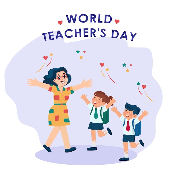 Dia Mundial dos Professores Um cartão de saudação Um professor feliz e seus alunos Educação infantil Aprendizagem