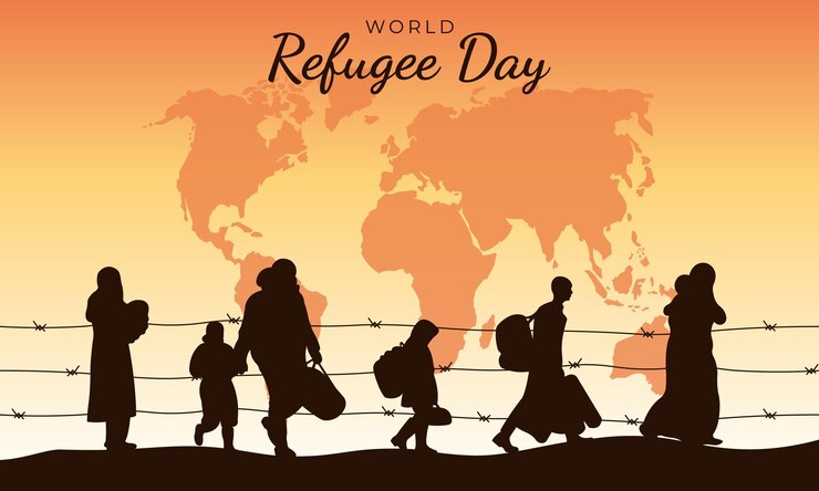 Vetor dia mundial dos refugiados bandeira horizontal com silhuetas de refugiados ilustração vetorial