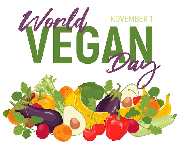 Vetor dia mundial vegetariano legumes frescos e frutas sobre uma ilustração vetorial de fundo branco em um estilo plano o conceito da importância da segurança alimentar e a eliminação do desperdício alimentar