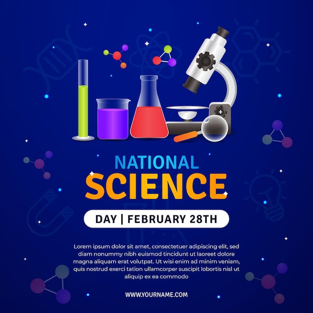 Dia Nacional da Ciência, 28 de fevereiro, com ilustração de equipamentos de laboratório no fundo do espaço noturno