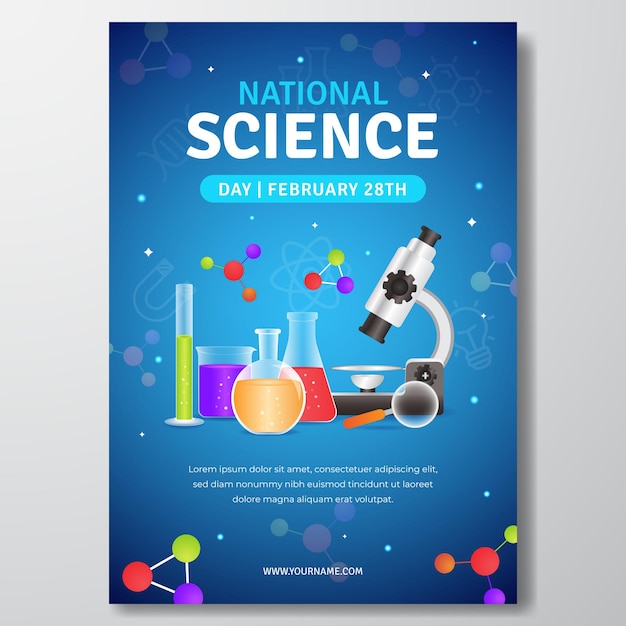 Dia Nacional da Ciência, 28 de fevereiro, design de pôster com ilustração de equipamento de laboratório