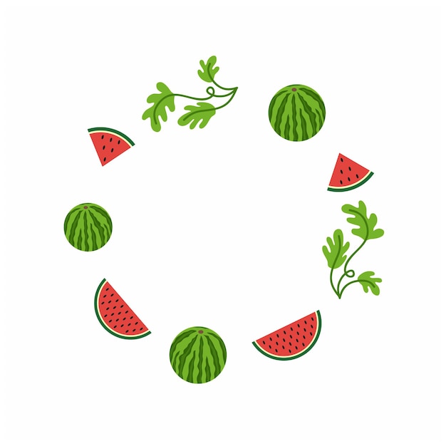 Dia nacional da melancia nos estados unidos. moldura redonda com melancia, fatia de melancia e folhas. projeto do festival de frutas de verão e festival de melancia. ilustração vetorial